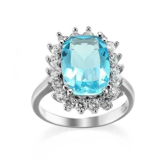 Jewelry ring blue center emerald shape sparkly halo statement 925 silver new - Picture 3 of 5